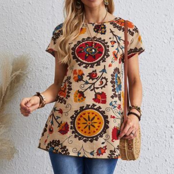 Boho Khaki Red Floral Tunic Top Cottagecore - Picture 3 of 4